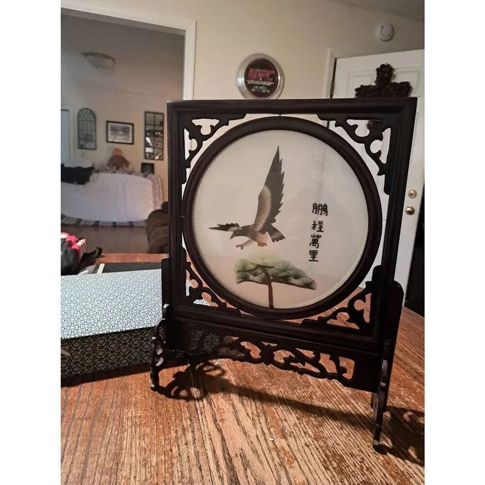 Vintage Chinese Silk Embroidery Double-Sided Framed Artwork on Rosewood Stand